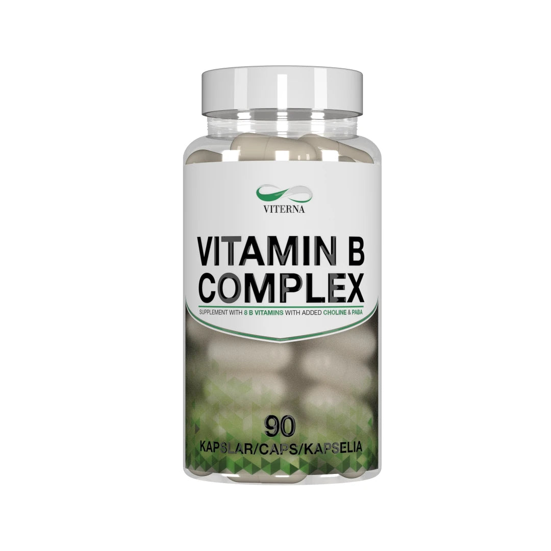 Viterna Vitamin-B Complex 90 caps i en transparent plastburk med vita och gröna detaljer på etiketten., bild 1 av 1