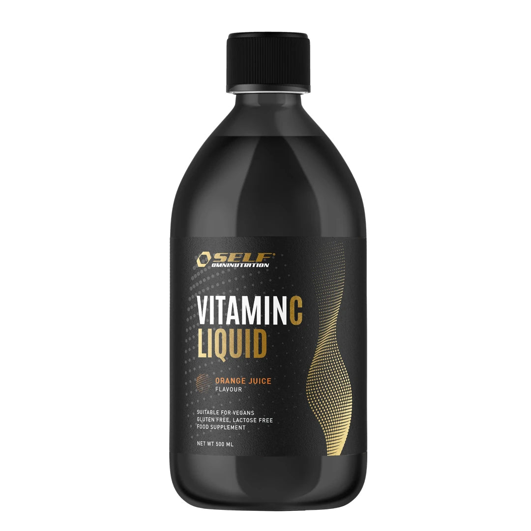 Self Omninutrition Vitamin C Liquid 500 ml flytande C-vitamin i en svart flaska med orangea och guldiga detaljer., bild 1 av 1