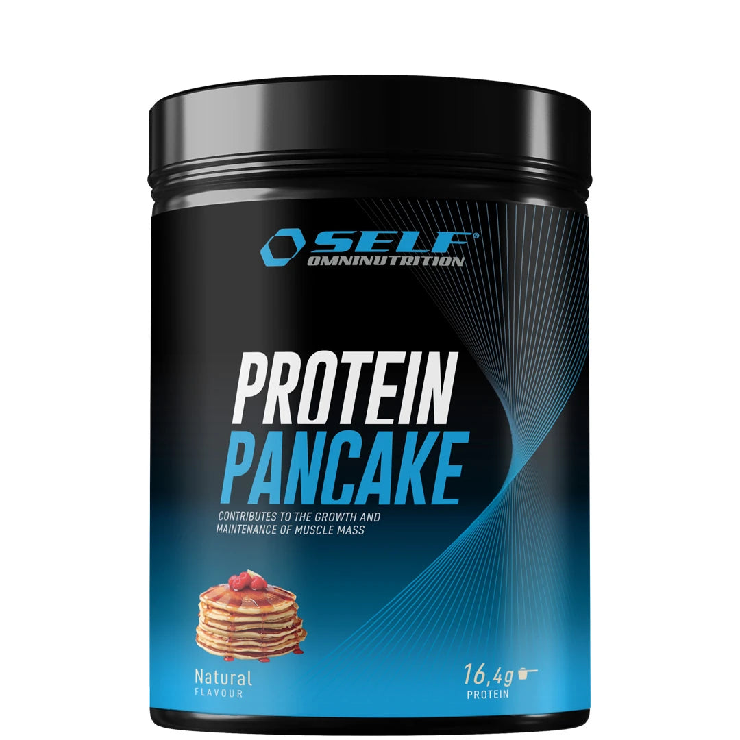 Self Omninutrition Protein Pancake 320 g proteinpannkakspulver i en svart burk med blå detaljer och smaken Naturell., bild 1 av 1