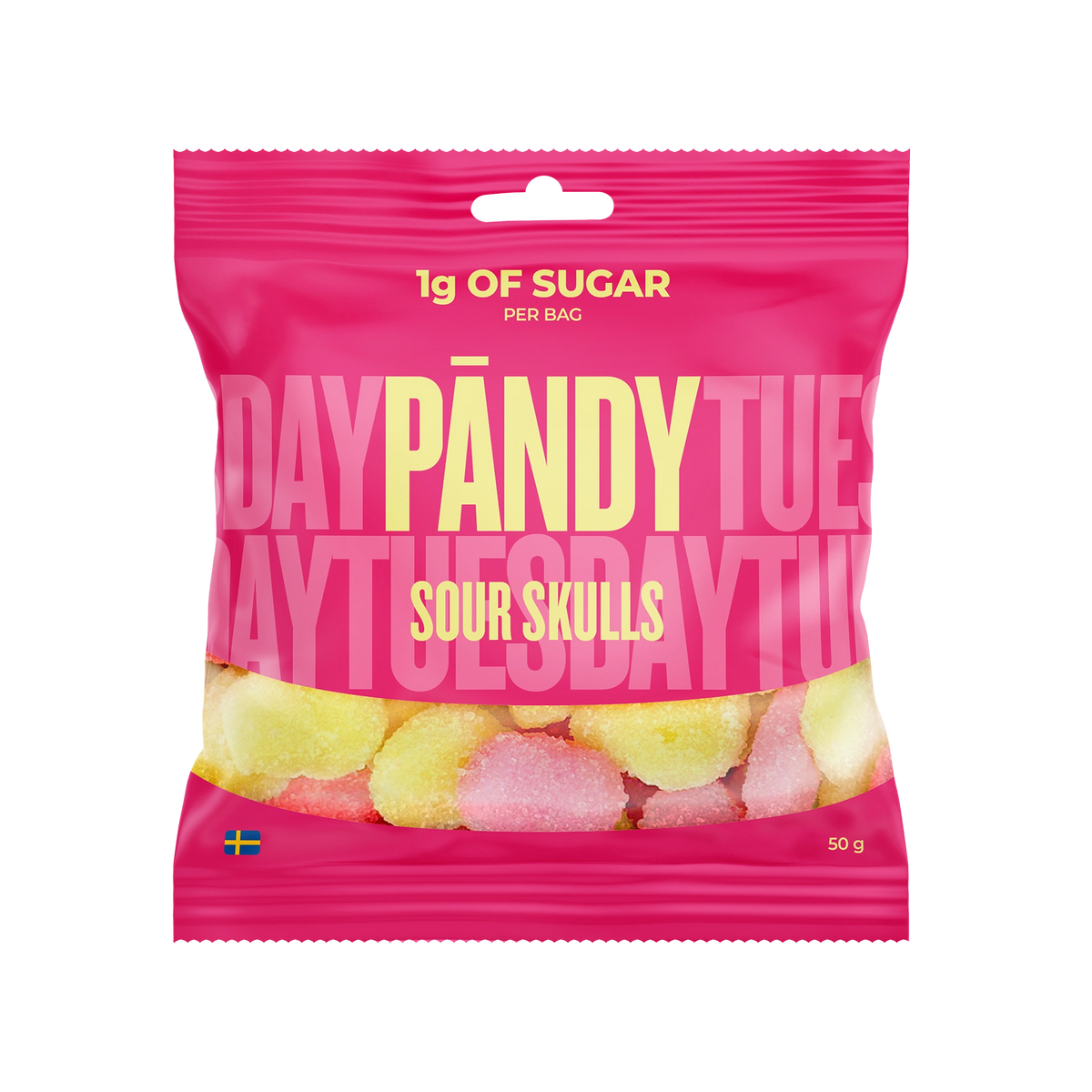 Pändy Candy 50 g Sour Skulls i en rosa påse fylld med gula och rosa sura skumgodisar., bild 1 av 1