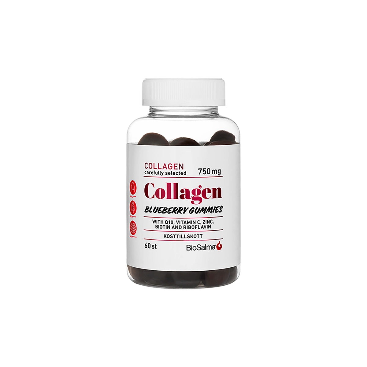 BioSalma Collagen Gummies 60 pcs i en genomskinlig burk med vit etikett, fylld med mörklila gummies med blåbärssmak., bild 1 av 1