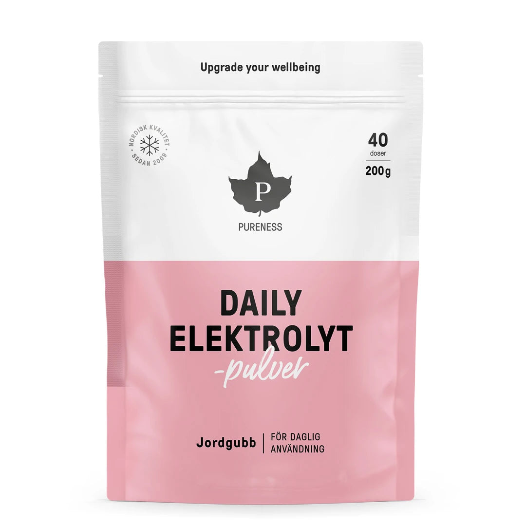 Pureness Daily Elektrolytpulver 200 g i en vit och rosa påse, med smak av jordgubb för daglig användning., bild 1 av 1