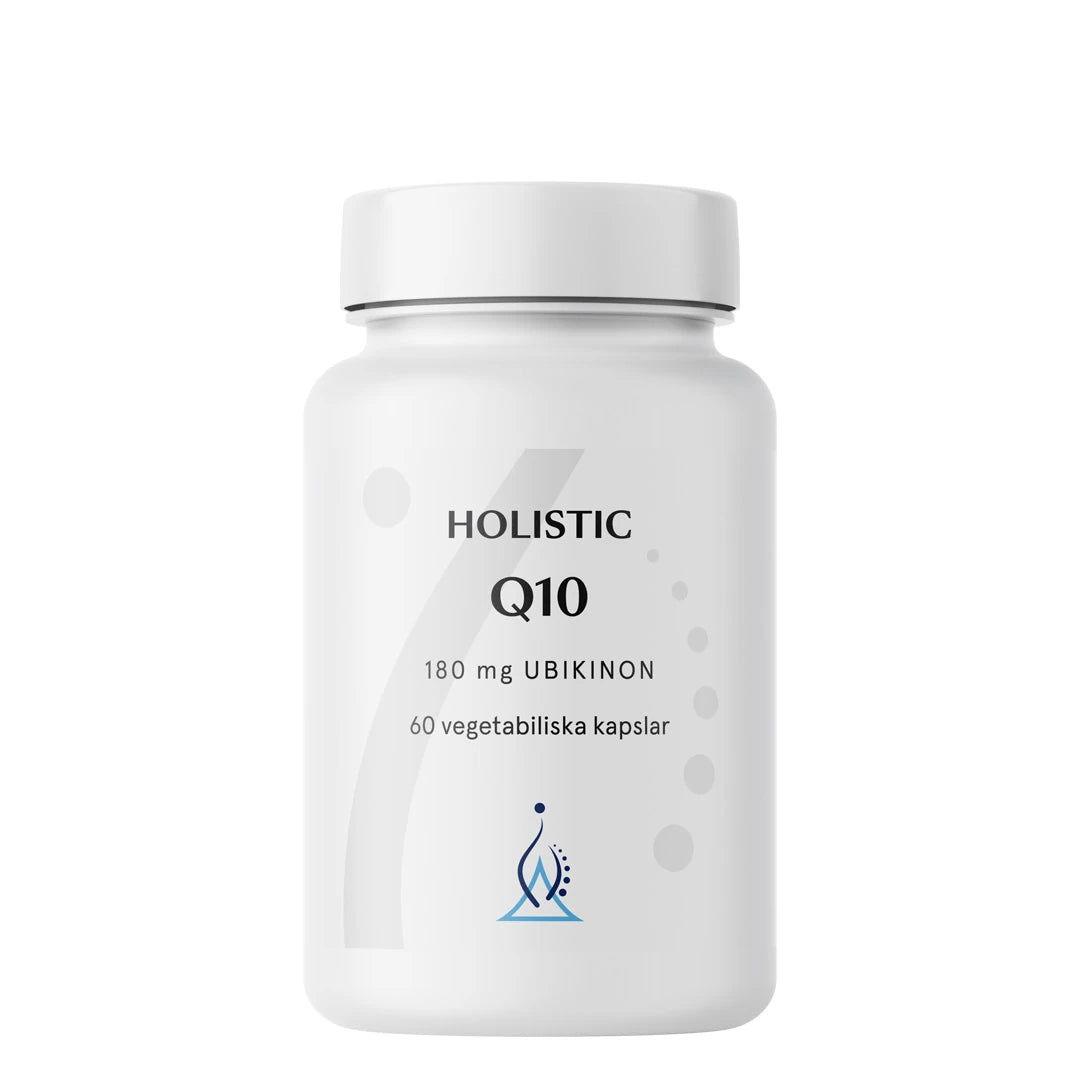Holistic Q10 180 mg 60 caps kosttillskott i en vit plastburk med svarta och blå detaljer., bild 1 av 1