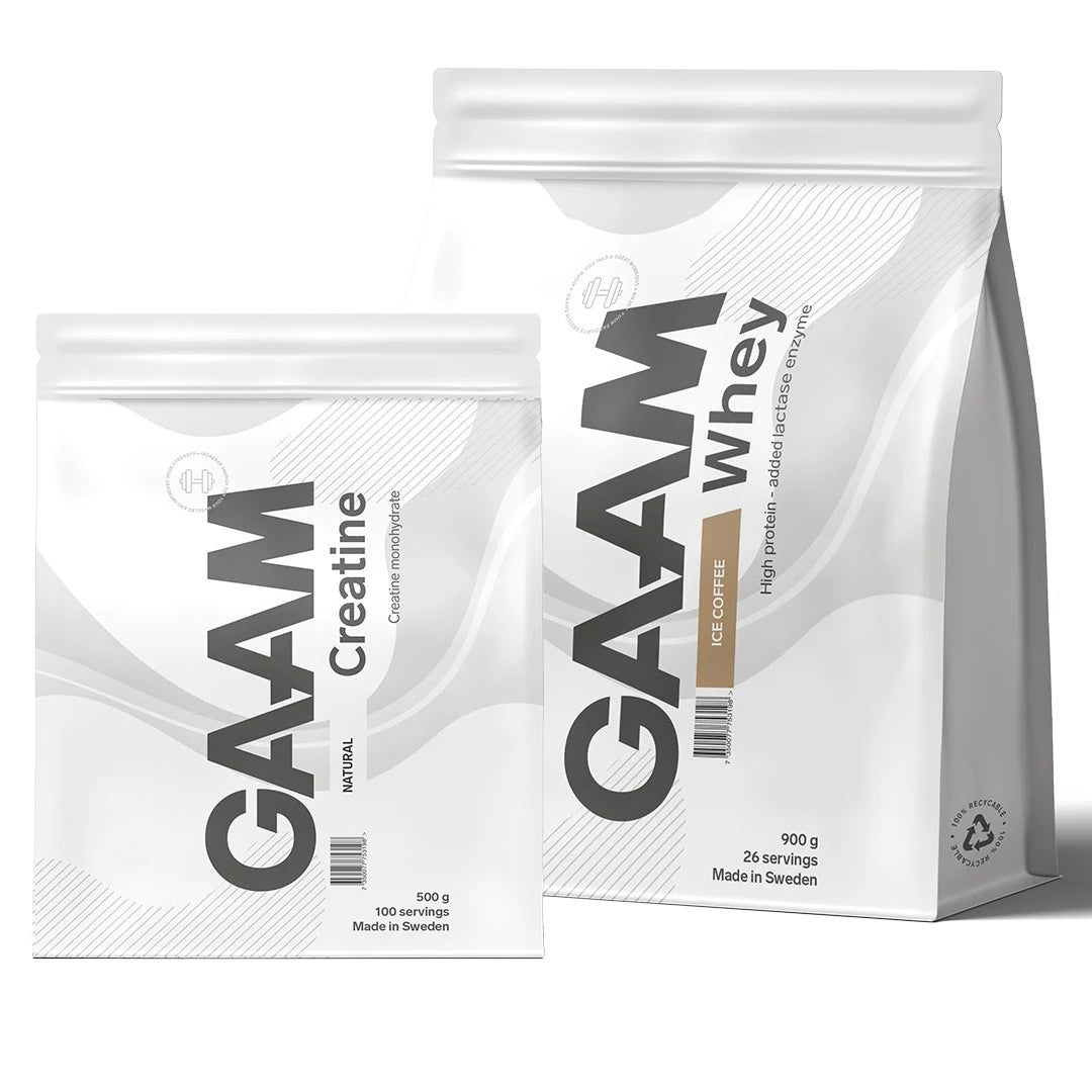 GAAM Whey 900 g och GAAM Creatine Monohydrat 500 g pulver i två vita påsar., bild 1 av 1