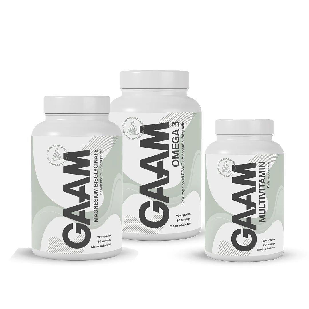 GAAM Vardagsboost paket med tre vita burkar med ljusgrönt mönster innehållande magnesium, omega-3 och multivitamin.