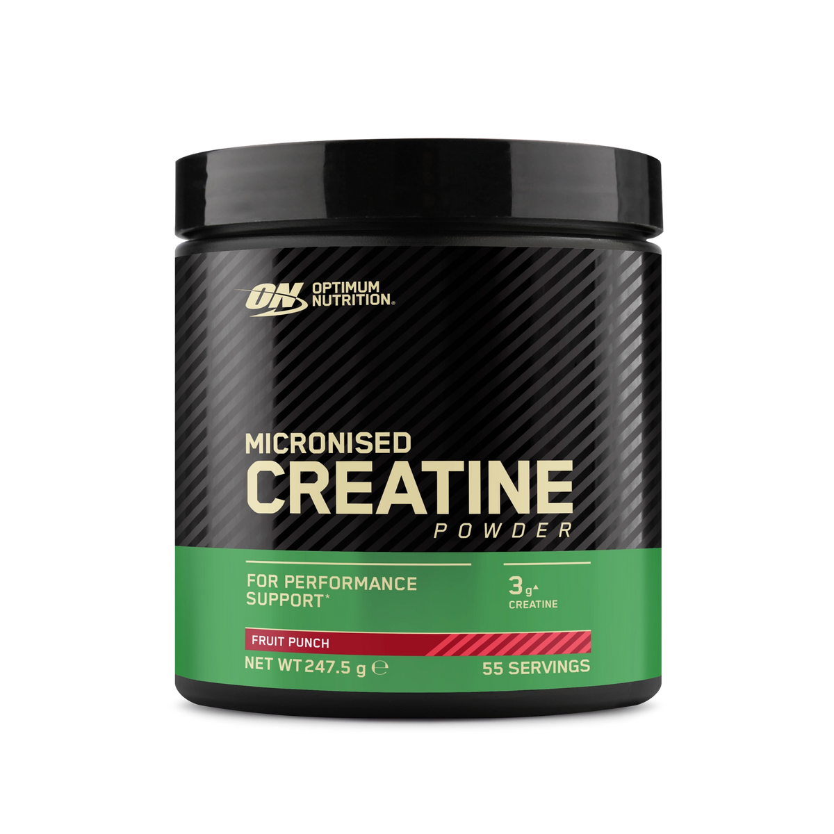 Optimum Nutrition Creatine Powder 247.5 g kreatin i en svart burk med grön etikett för smaken Fruit Punch., bild 1 av 2