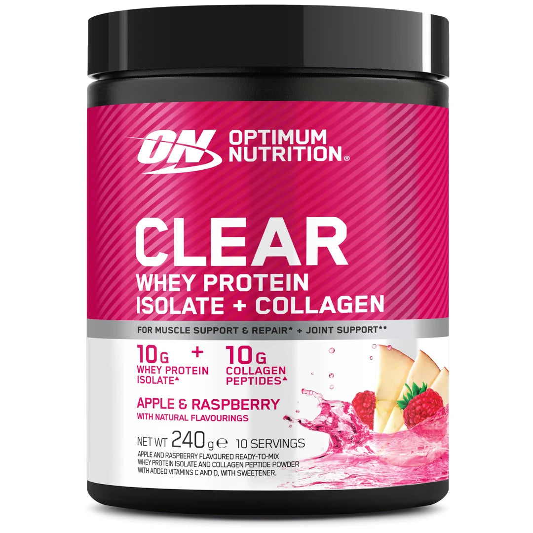 Optimum Nutrition Clear Whey + Collagen 240 g proteinpulver i en svart burk med rosa etikett för smaken Apple Raspberry., bild 1 av 2