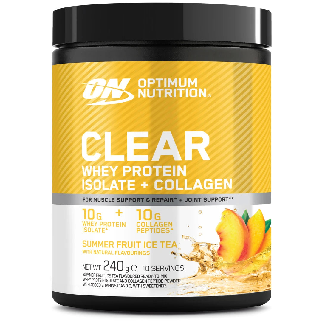 Optimum Nutrition Clear Whey + Collagen 240 g proteinpulver i en svart och gul burk för smaken Summer Fruit Ice Tea., bild 2 av 2