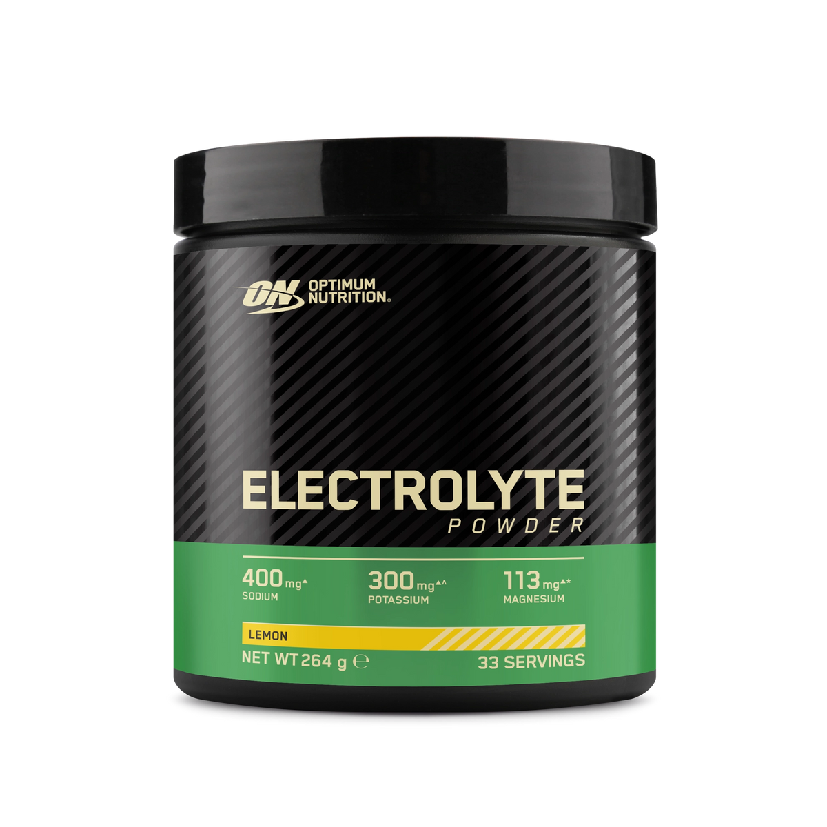 Optimum Nutrition Electrolyte Powder 264 g i en svart burk med grön etikett för smaken Lemon., bild 1 av 2
