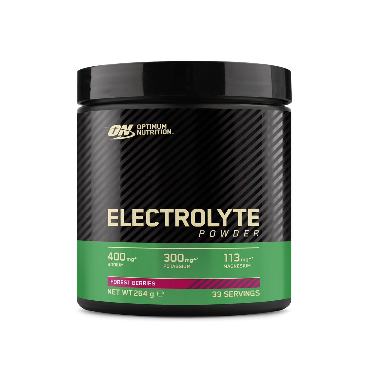 Optimum Nutrition Electrolyte Powder 264 g i en svart burk med gröna detaljer för smaken Forest Berries.