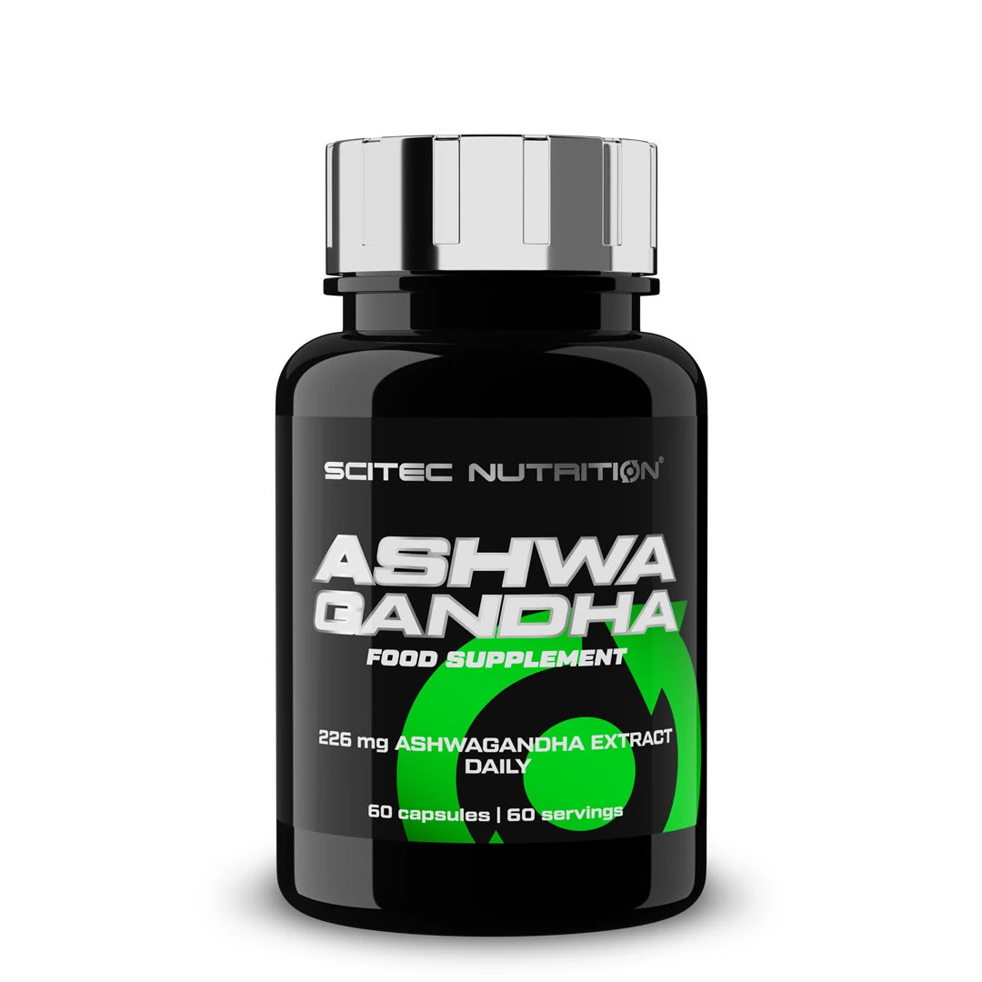 Scitec Nutrition Ashwagandha 60 caps i en svart burk med gröna detaljer och ett silverfärgat lock., bild 1 av 1