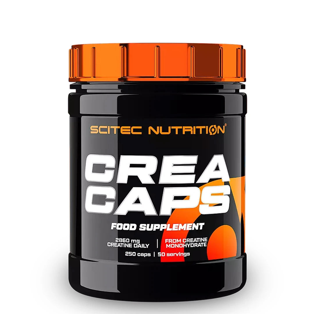 Scitec Nutrition Crea Caps Kreatin 250 caps, förpackat i en svart plastburk med metalliskt orange lock., bild 1 av 1