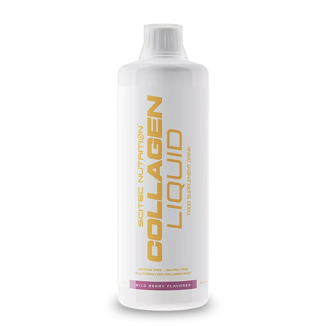 Scitec Nutrition Collagen Liquid 1000 ml, flytande kollagen i en vit plastflaska med guldtext och smaken Wild Berry., bild 1 av 1