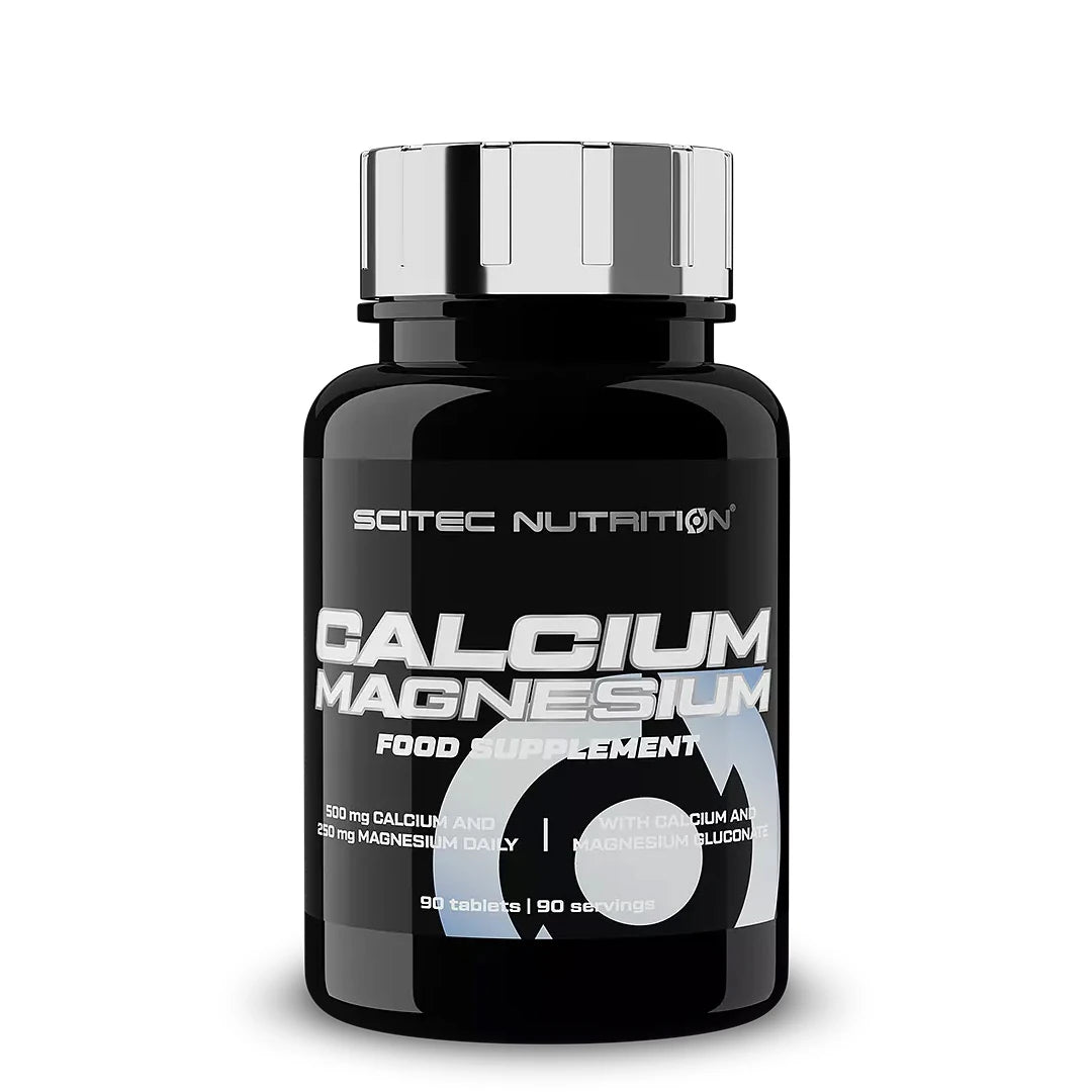 Scitec Nutrition Calcium-Magnesium 90 tabs kosttillskott i en svart burk med silverlock., bild 1 av 1