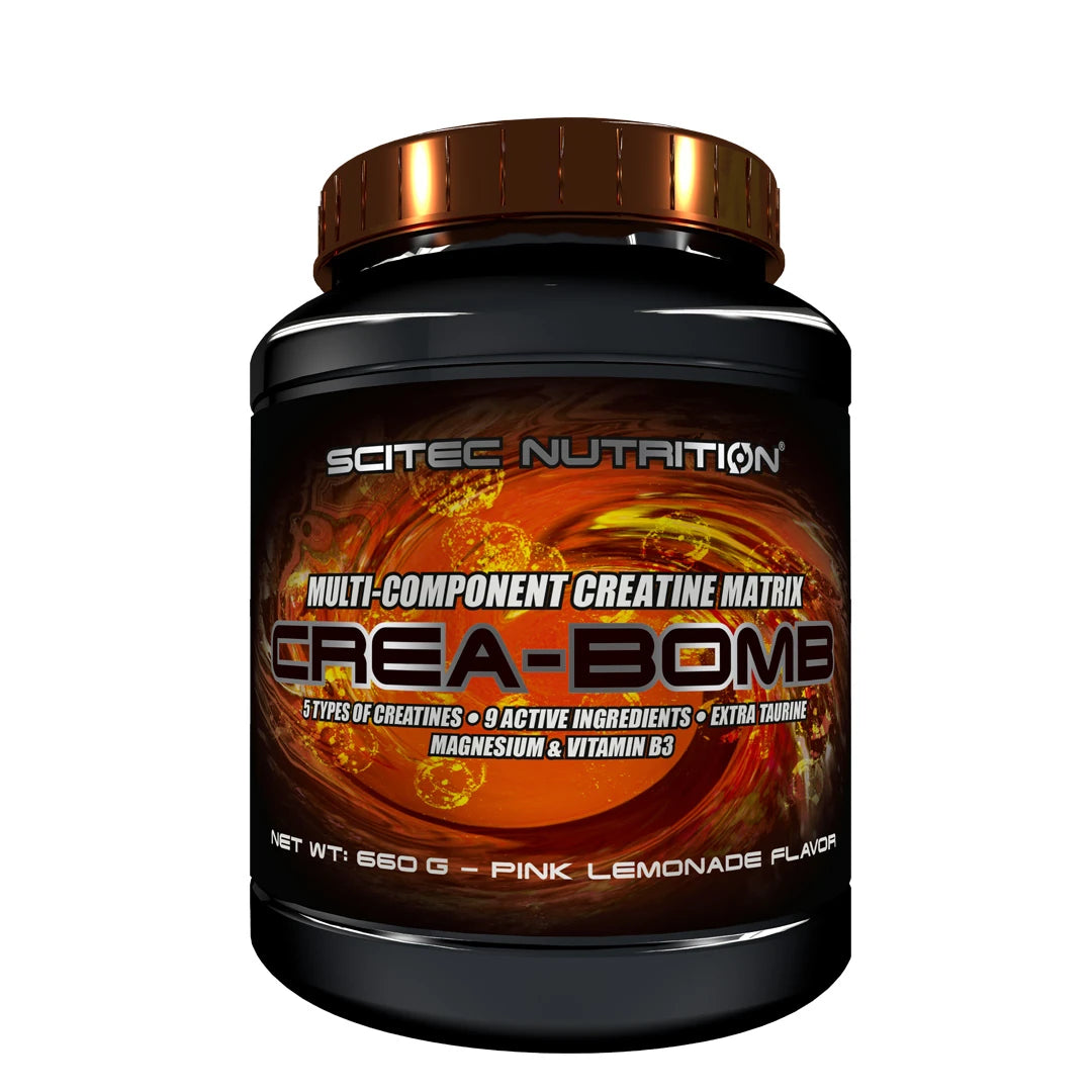 Scitec Nutrition Crea-Bomb 660 g kreatinblandning i en svart burk med bronsfärgat lock och smak av Pink Lemonade., bild 1 av 1