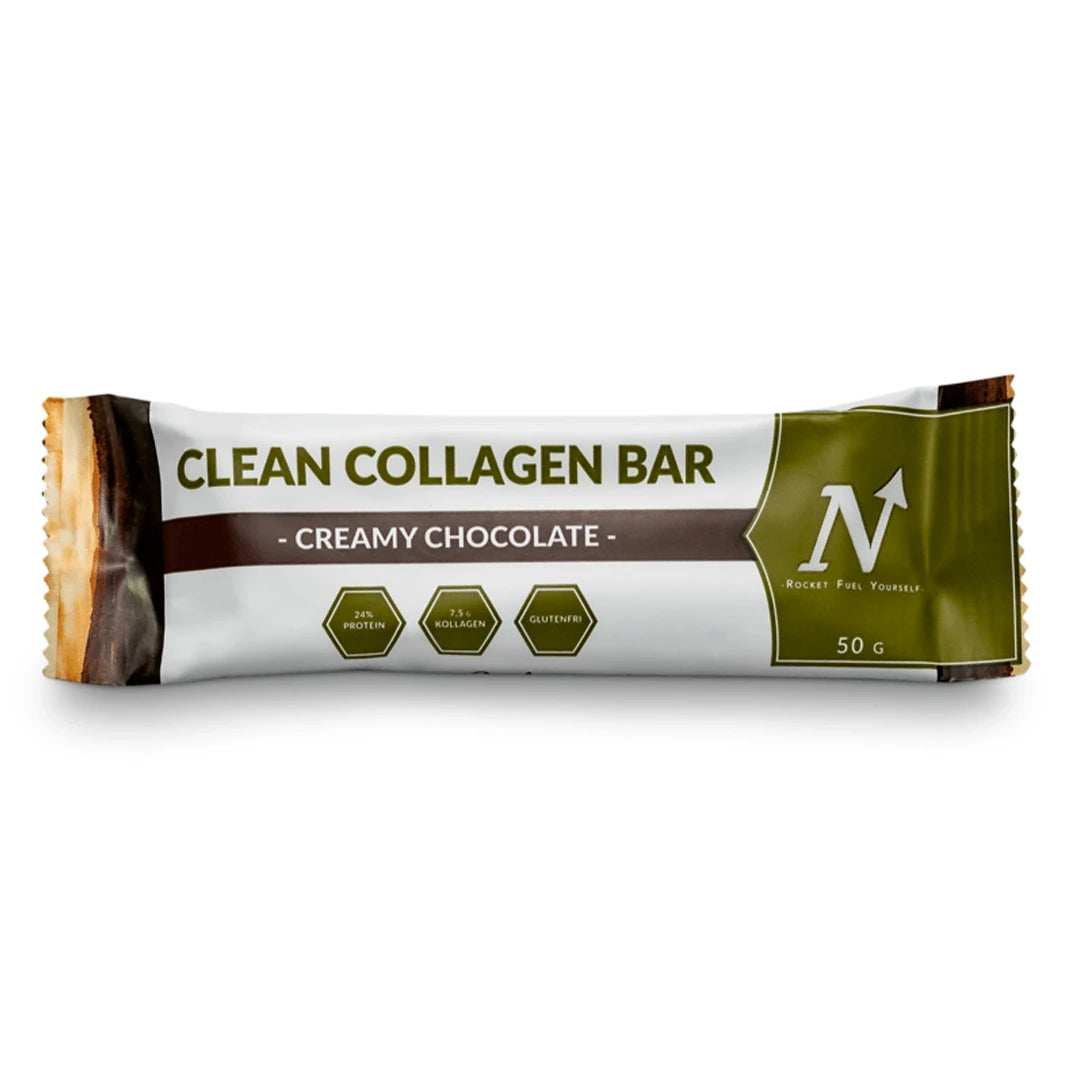 Nyttoteket Clean Collagen Bar 50 g i en vit och grön förpackning för smaken Creamy Chocolate., bild 1 av 1