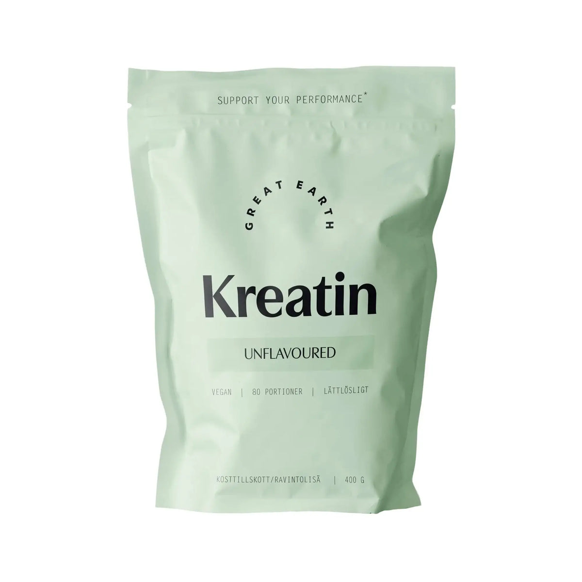 Great Earth Kreatin 400 g pulver i en ljusgrön påse med naturell smak.