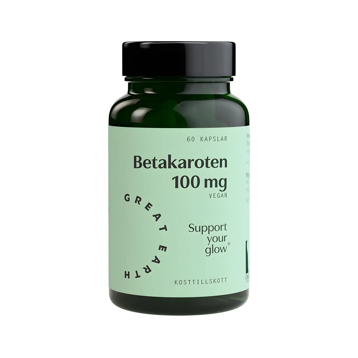 Great Earth Betakaroten 60 caps, ett veganskt kosttillskott i en mörkgrön burk med ljusgrön etikett och svart lock., bild 1 av 1
