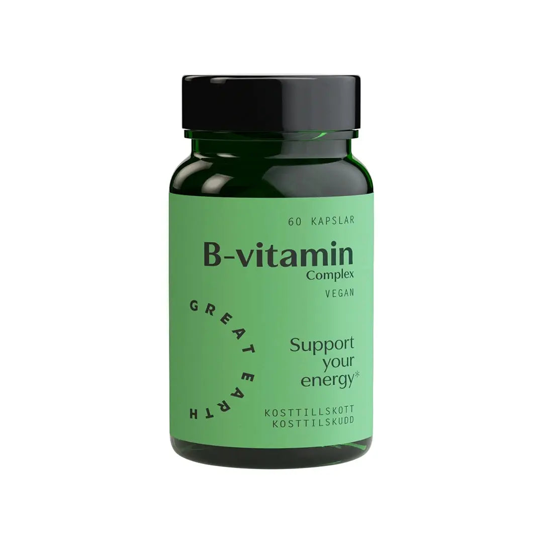 Great Earth B-vitamin Complex 60 caps, veganska vitaminer i en mörkgrön burk med ljusgrön etikett., bild 1 av 1