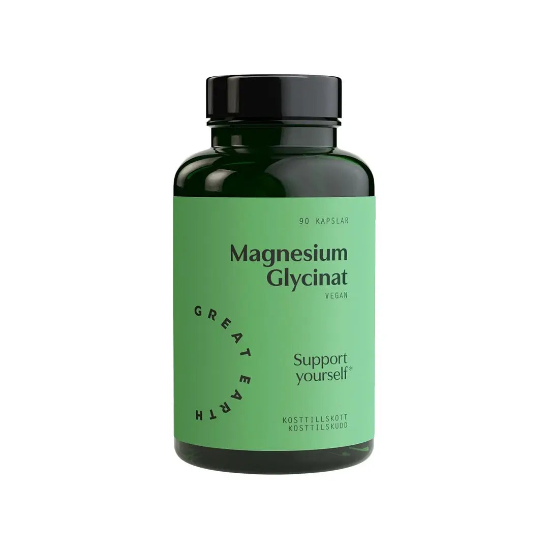 Great Earth Magnesiumglycinat 90 caps i en mörkgrön burk med ljusgrön etikett och svart text., bild 1 av 1