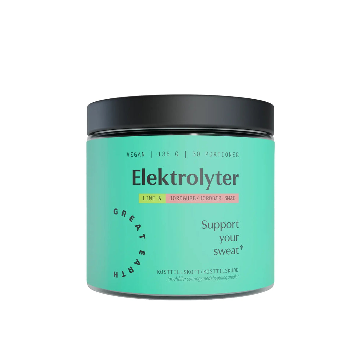 Great Earth Elektrolyter 135 g elektrolytpulver i en turkos burk med svart lock för smaken Jordgubb Lime., bild 1 av 2