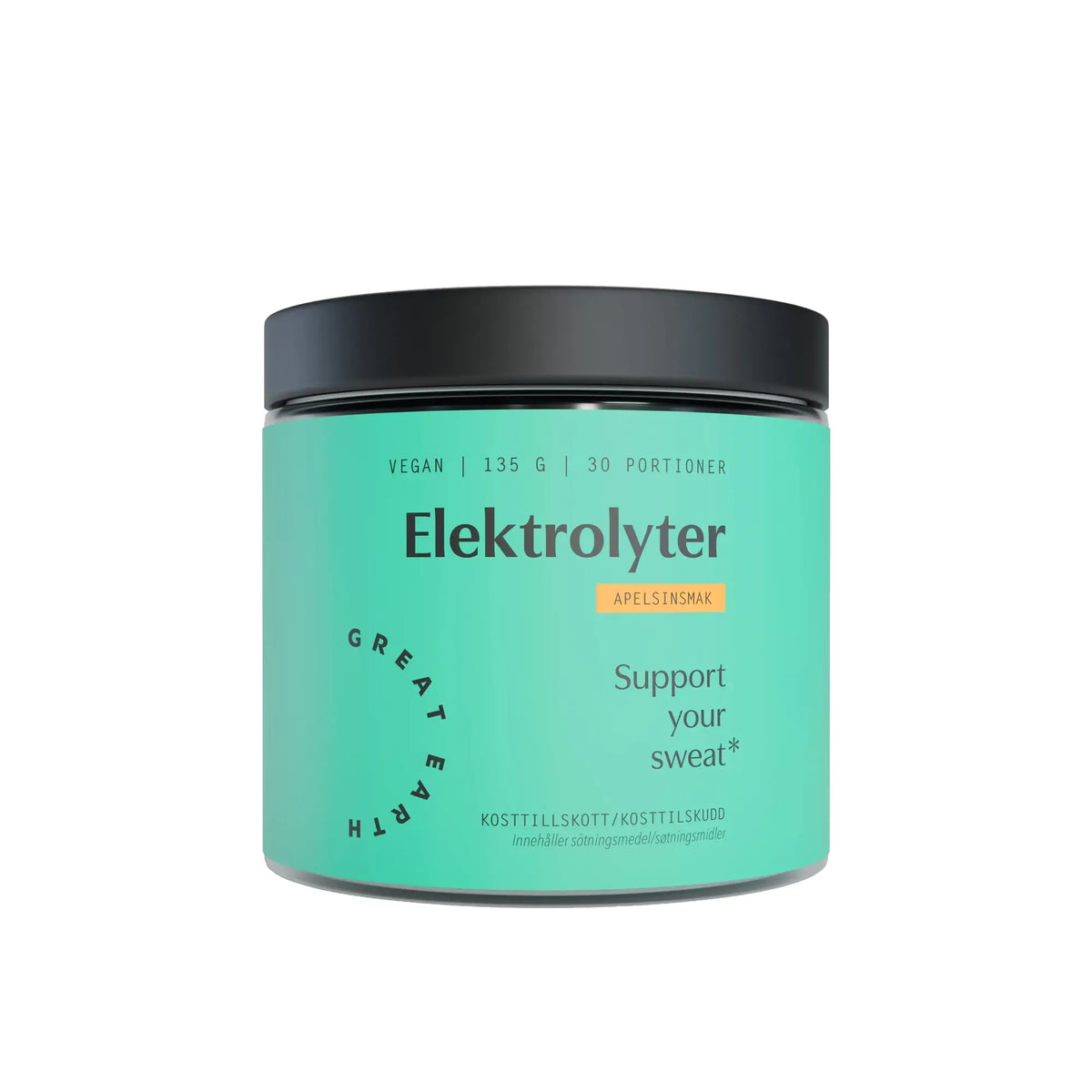 Great Earth Elektrolyter 135 g elektrolytpulver i en turkos burk med svart lock för smaken Apelsin., bild 2 av 2
