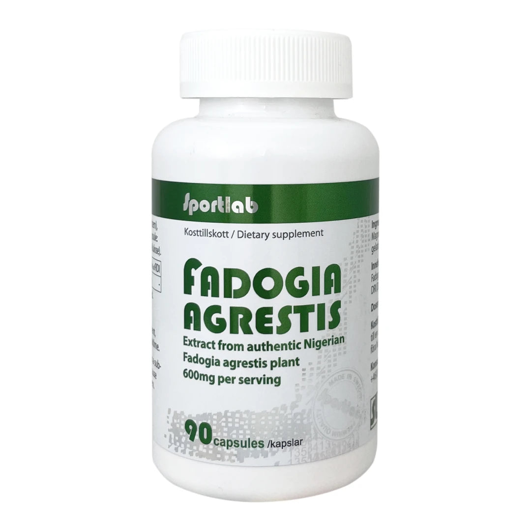 Sportlab Fadogia Agrestis Testosteronhöjare 90 caps förpackad i en vit burk med gröna detaljer., bild 1 av 1