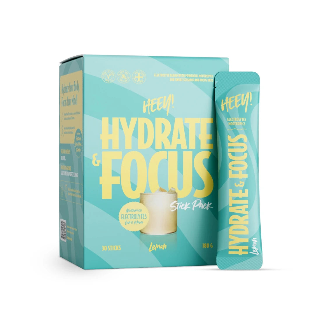 Heey! Hydrate &amp; Focus Electrolytes + Lions Mane 30 x Stick Pack Lemon i en turkos ask och portionspåse med gula detaljer., bild 1 av 1