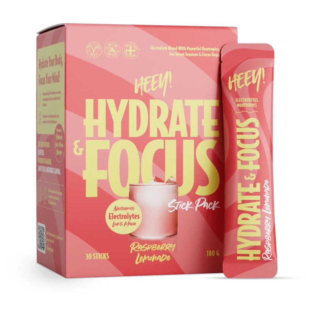 Heey! Hydrate &amp; Focus Electrolytes + Lions Mane 30 x Stick Pack Raspberry Lemonade i en rosa kartong., bild 1 av 1