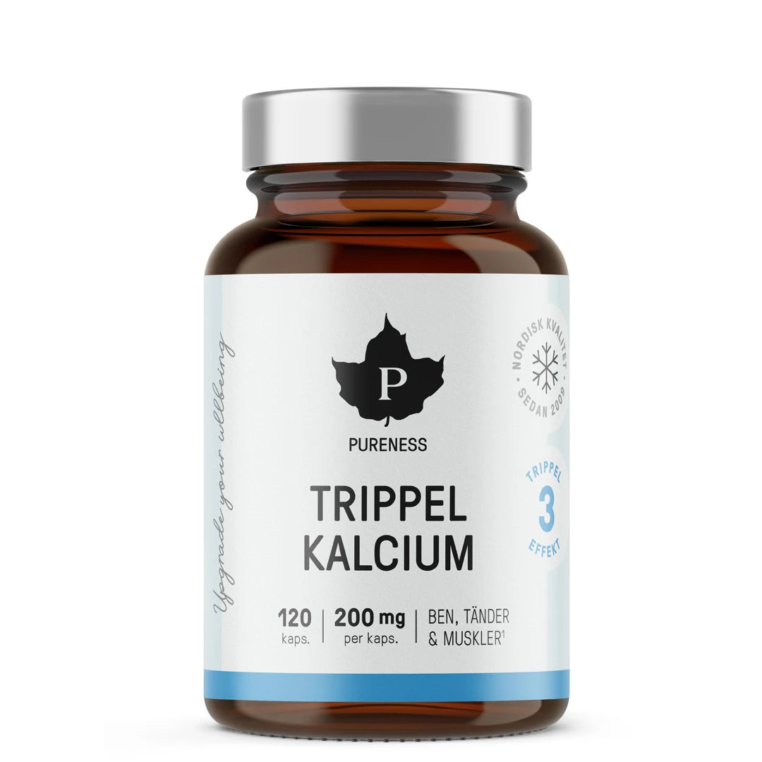 Pureness Trippel Kalcium 120 caps i en brun glasburk med vit etikett och silverfärgat lock., bild 1 av 1