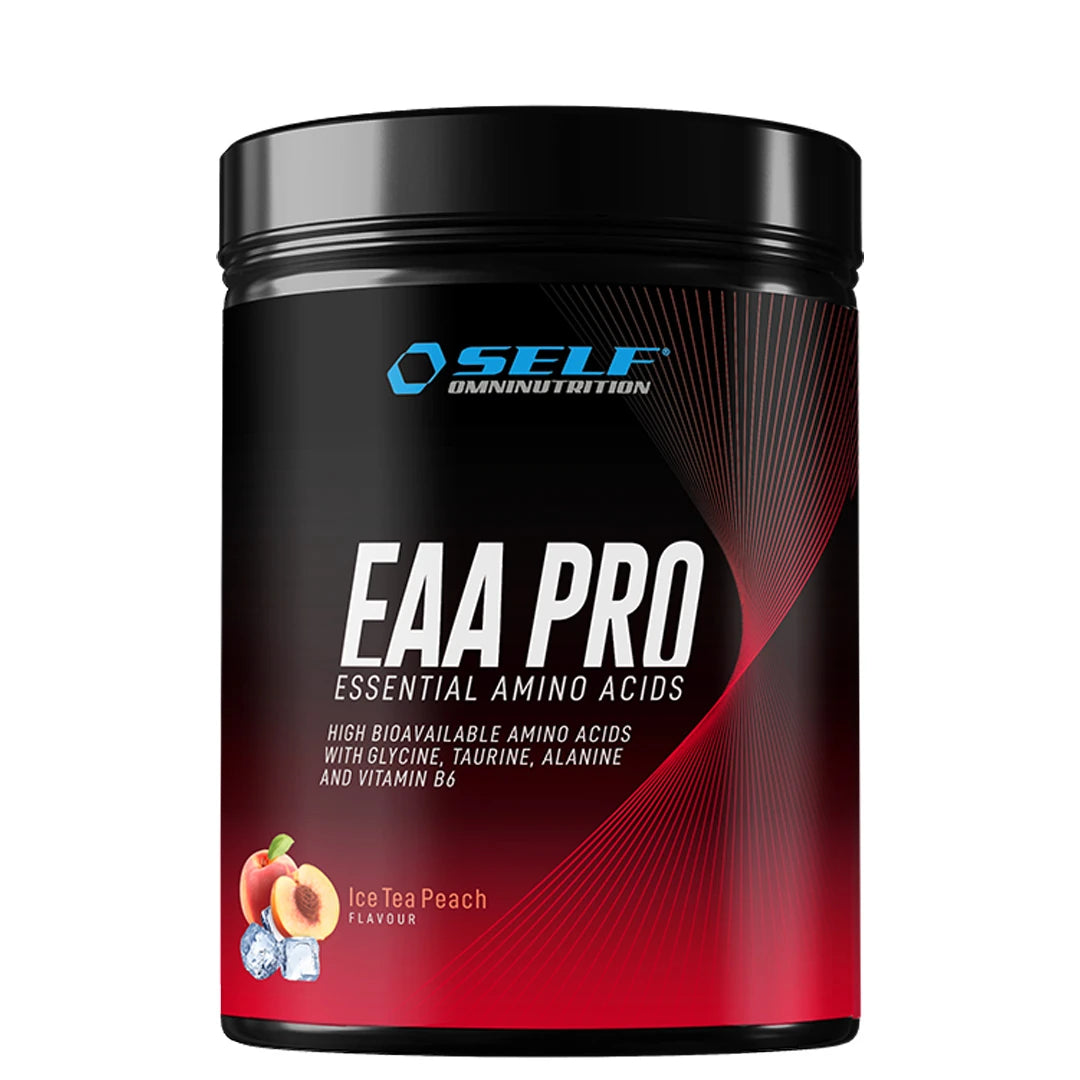 Self Omninutrition EAA PRO 400 g aminosyror i en svart burk med röda detaljer för smaken Ice Tea Peach., bild 2 av 5