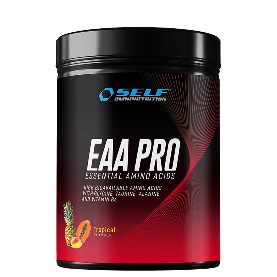 Self Omninutrition EAA PRO 400 g aminosyror i en svart burk med röda detaljer för smaken Tropical., bild 5 av 5