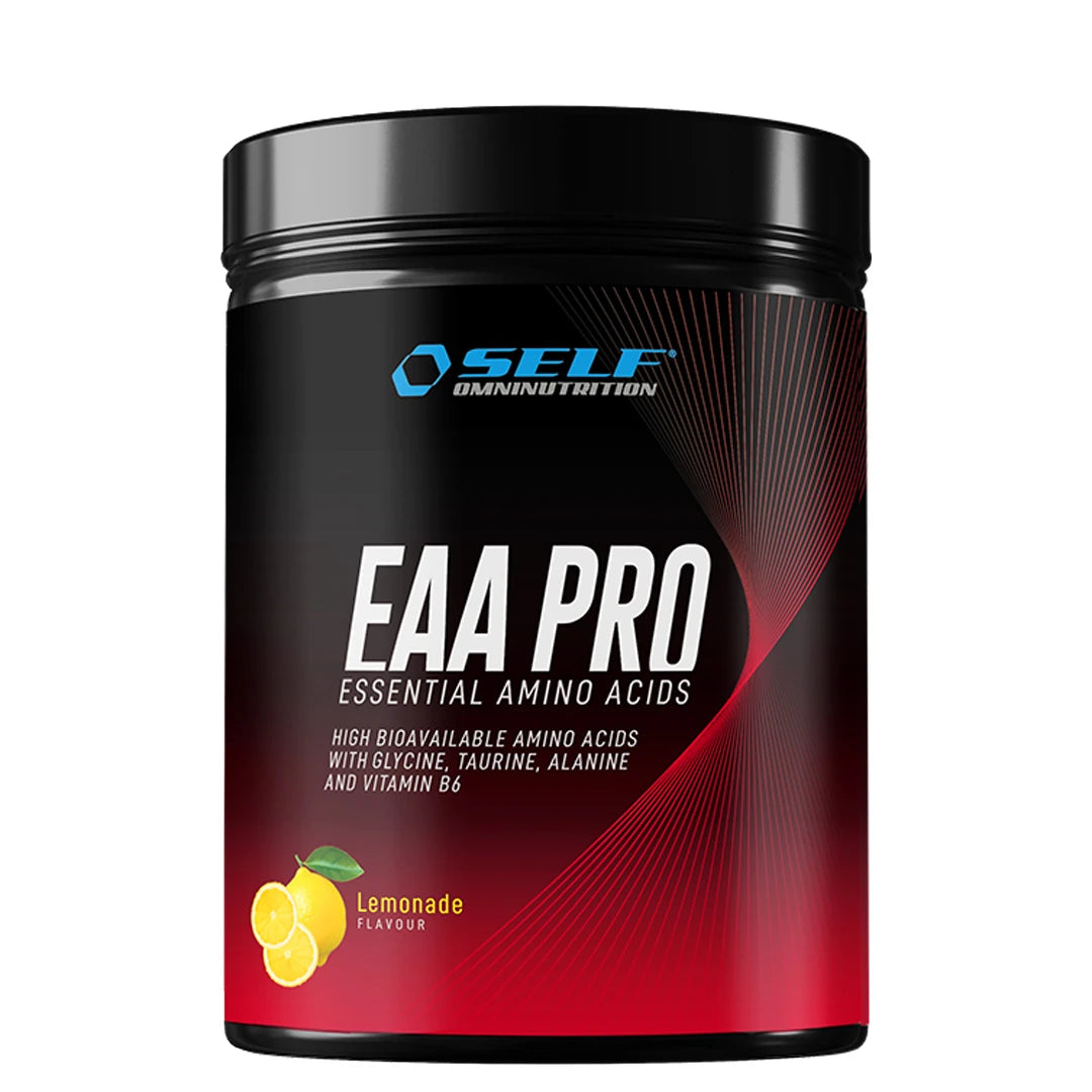 Self Omninutrition EAA PRO 400 g aminosyrapulver i en svart burk med röda detaljer och smaken Lemonade., bild 1 av 5
