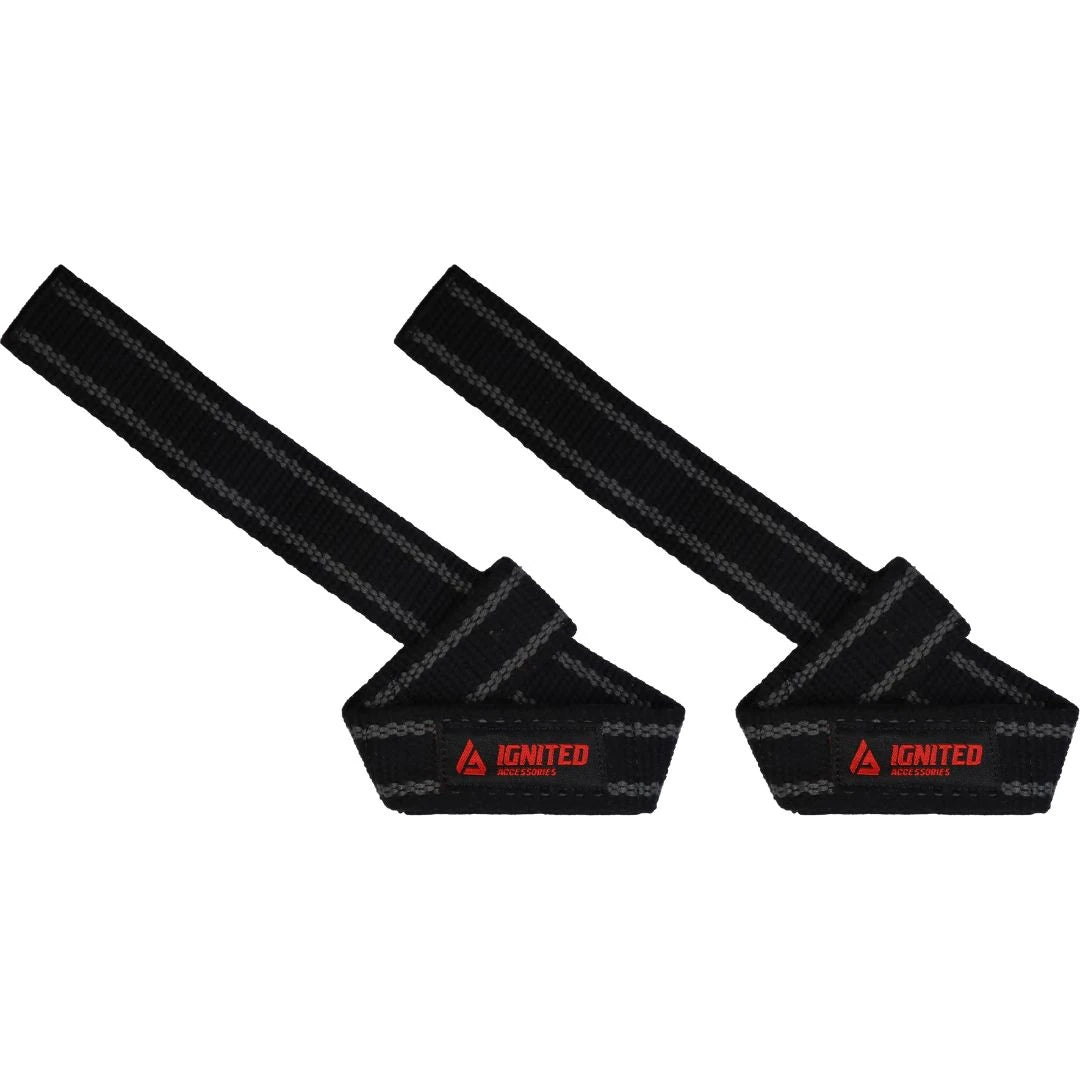 Ignited Premium Padded Lifting Straps Black/Grey i svart canvas med grå detaljer och röd logotyp för ett säkrare grepp., bild 1 av 1
