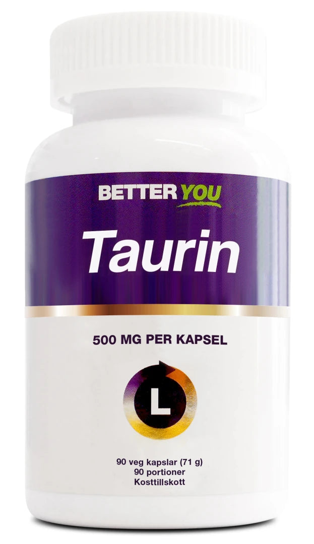 Better You Taurin 90 caps veganskt kosttillskott förpackad i en vit burk med lila etikett., bild 1 av 1