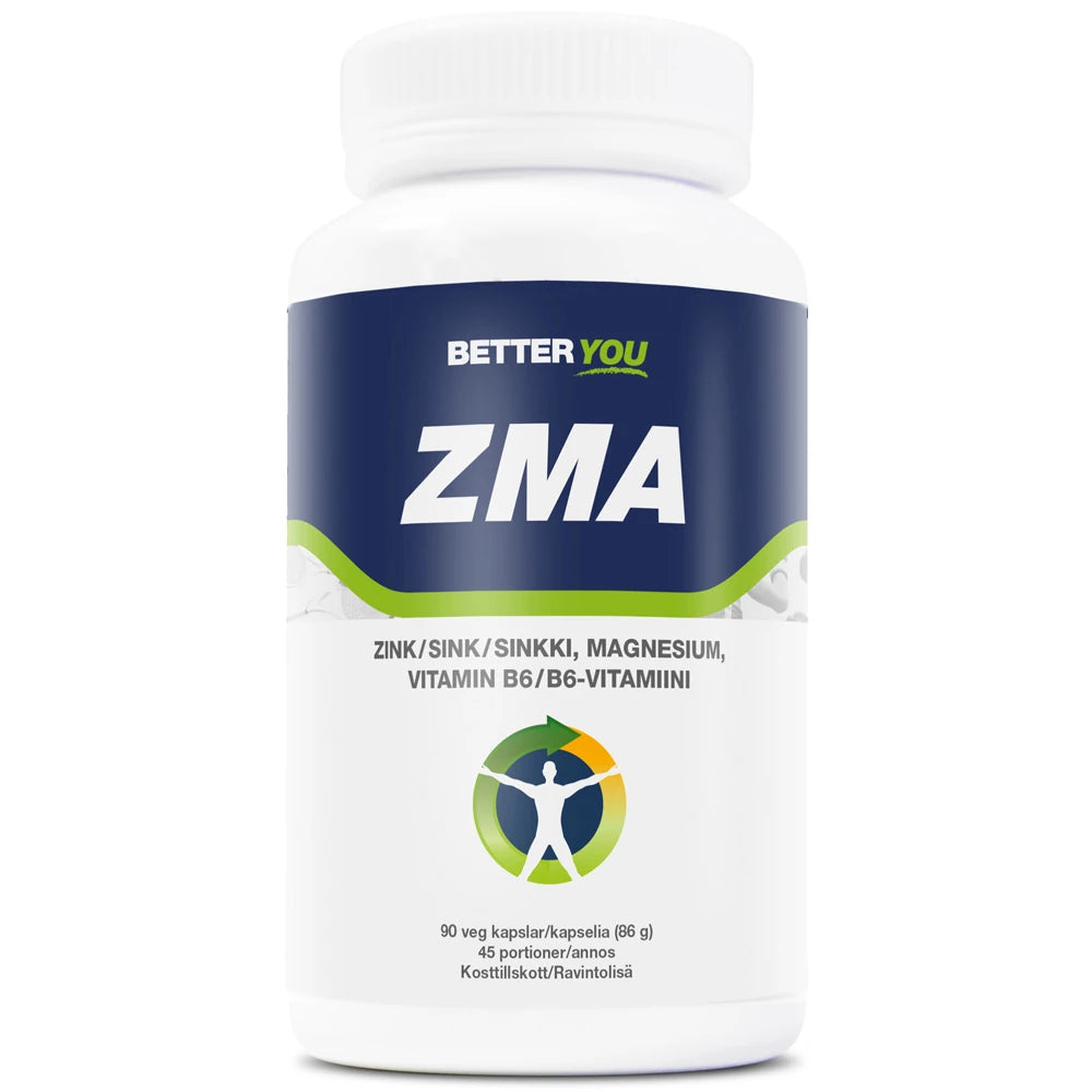 Better You ZMA 90 caps kosttillskott förpackat i en vit burk med mörkblå och gröna detaljer., bild 1 av 1