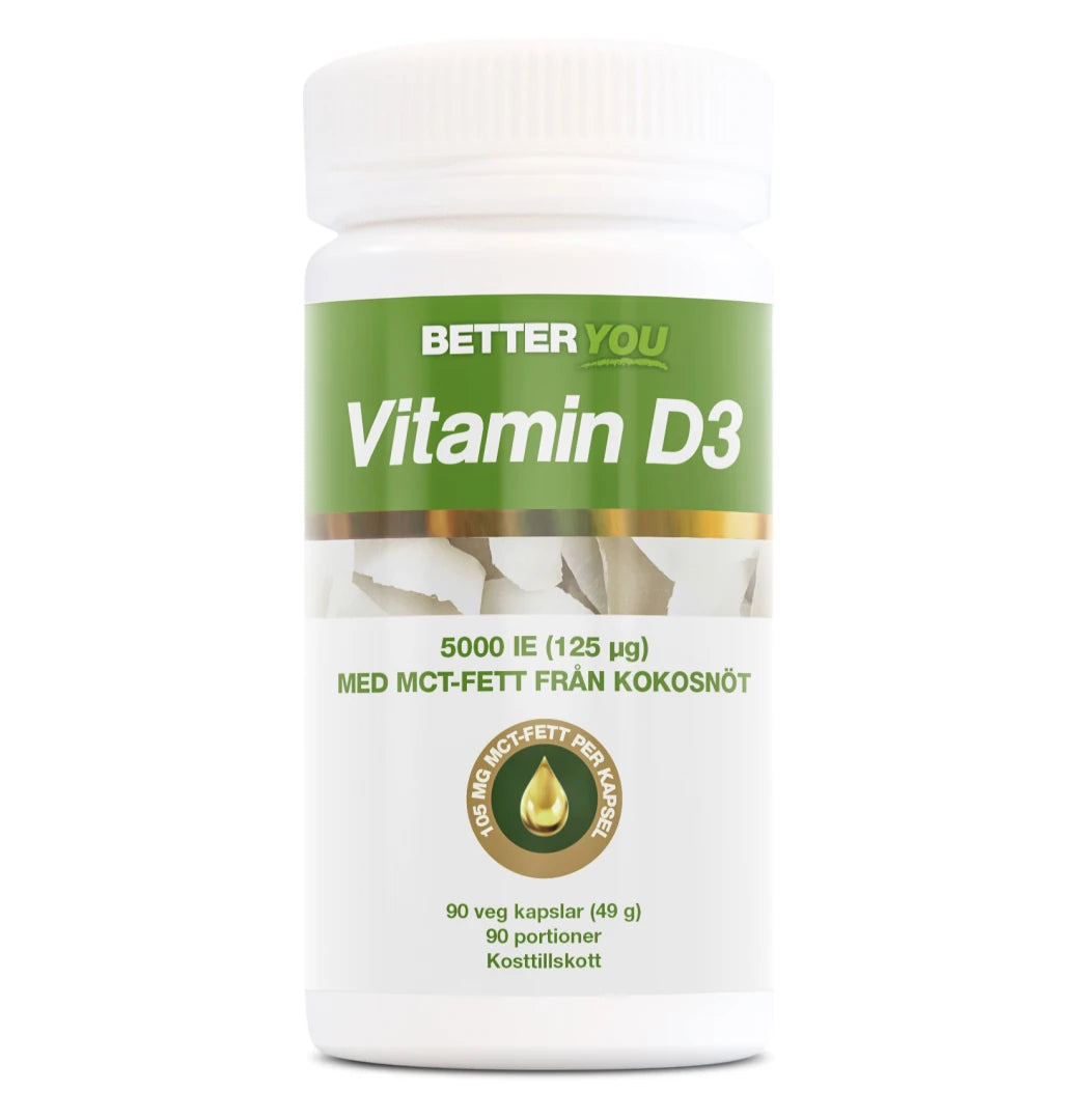 Better You Vitamin D3 5000IE + MCT 90 caps i en vit plastburk med grön och vit etikett., bild 1 av 1