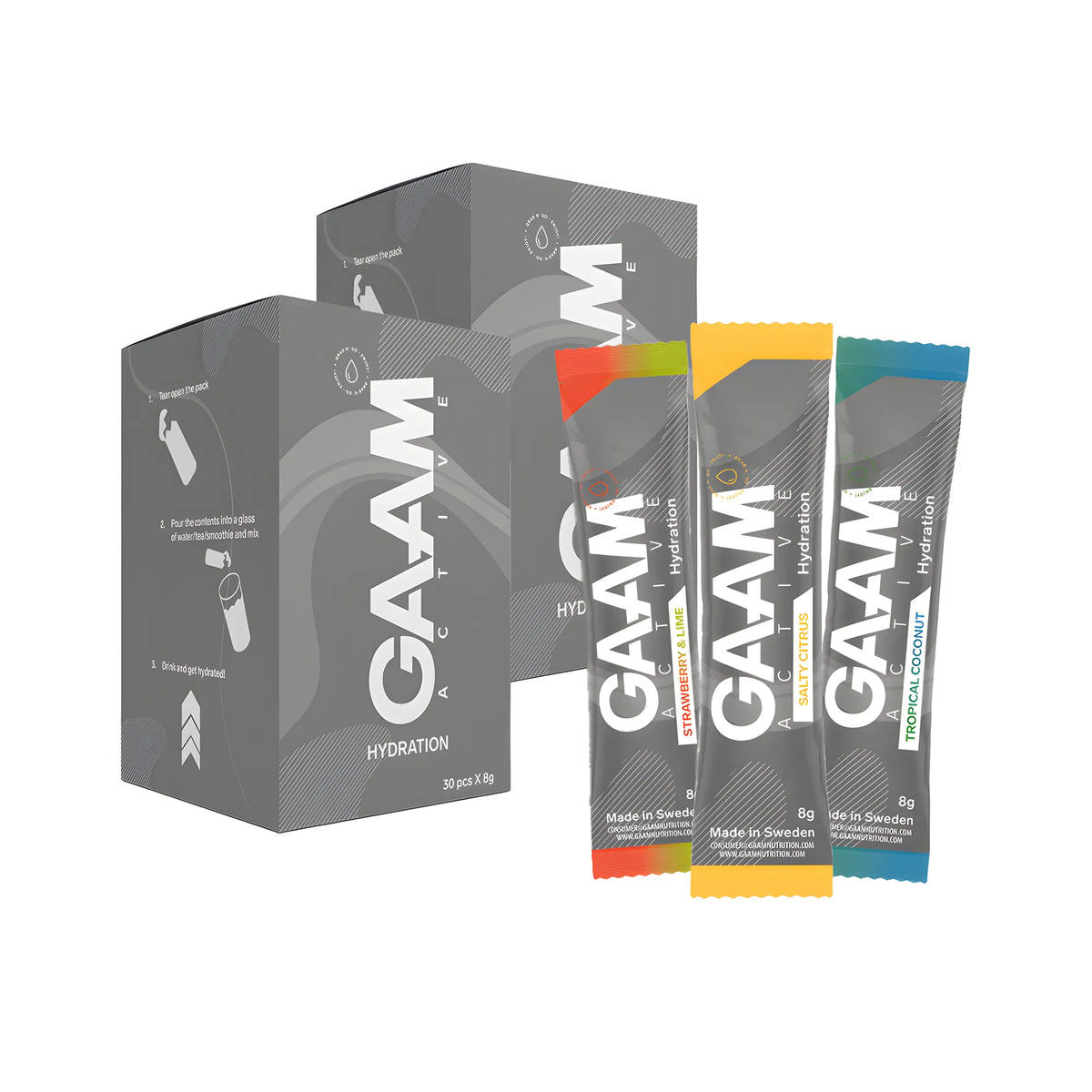 60 x GAAM Active Hydration 8 g Elektrolyter i två grå förpackningar med tre portionspåsar i olika smaker framför., bild 1 av 1