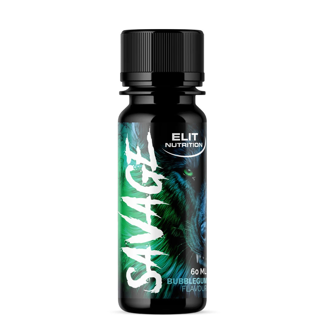 Elit Nutrition Savage PWO Shot 60 ml i en svart flaska med grön varggrafik och text för smaken Bubblegum., bild 1 av 1