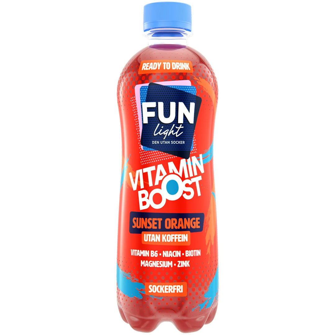 FUN Light Vitamin Boost 500 ml dryckeskoncentrat i en plastflaska med röd etikett för smaken Sunset Orange., bild 1 av 3