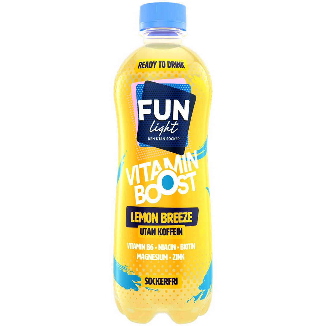 FUN Light Vitamin Boost 500 ml i en gul plastflaska med ljusblå kork för smaken Lemon Breeze., bild 2 av 3