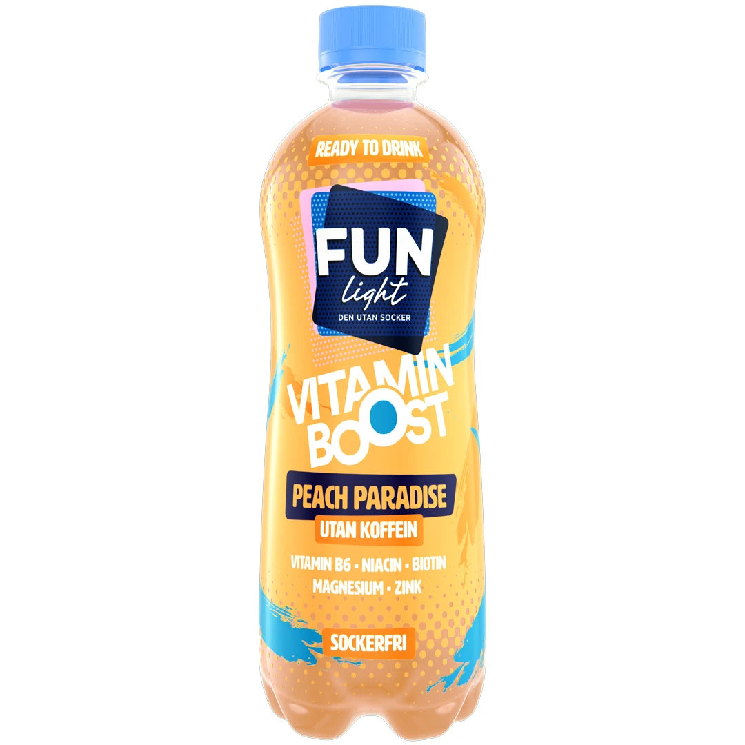 FUN Light Vitamin Boost 500 ml dryckeskoncentrat i en plastflaska med smaken Peach Paradise., bild 3 av 3