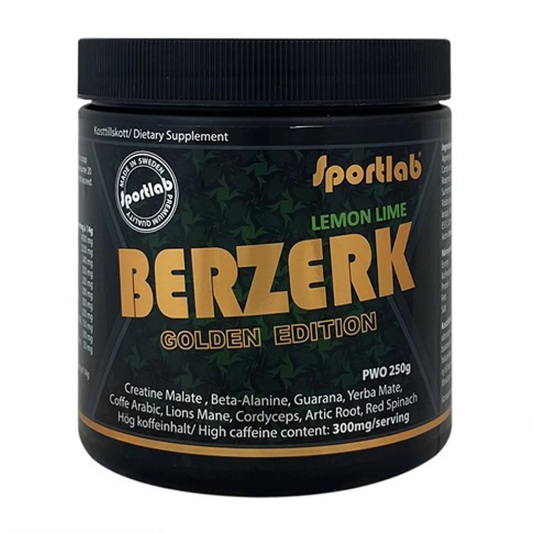 Sportlab BERZERK Golden Edition PWO 250 g i en svart burk med guldiga detaljer och text för smaken Lemon Lime., bild 1 av 1