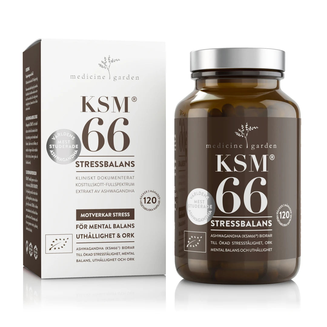 MedicineGarden KSM66 Ashwagandha 120 caps i en mörkbrun burk med silverlock och tillhörande vit kartong., bild 1 av 1