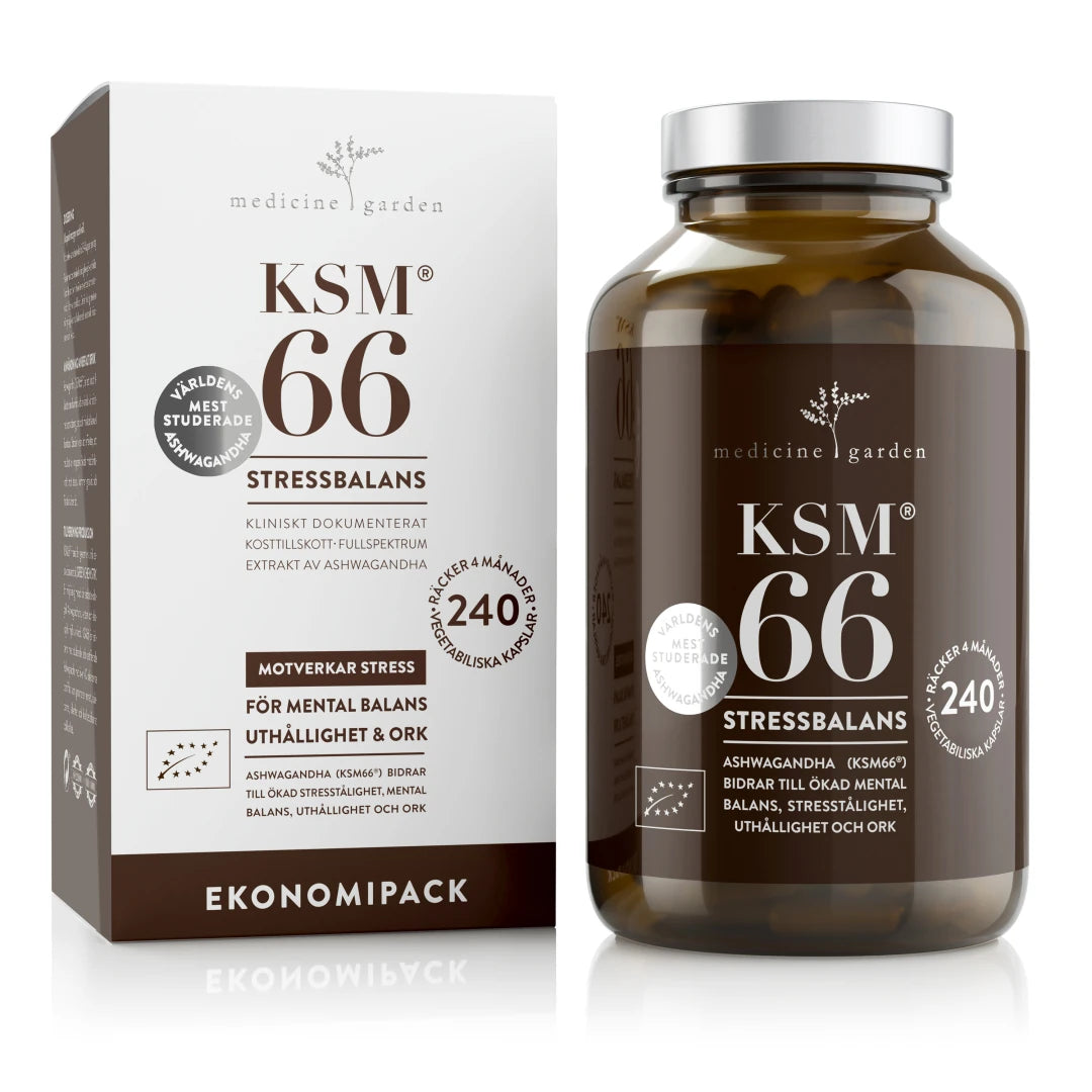 MedicineGarden KSM66 Ashwagandha 240 caps, kosttillskott för stressbalans i vit ask och mörkbrun burk med silverlock., bild 1 av 1