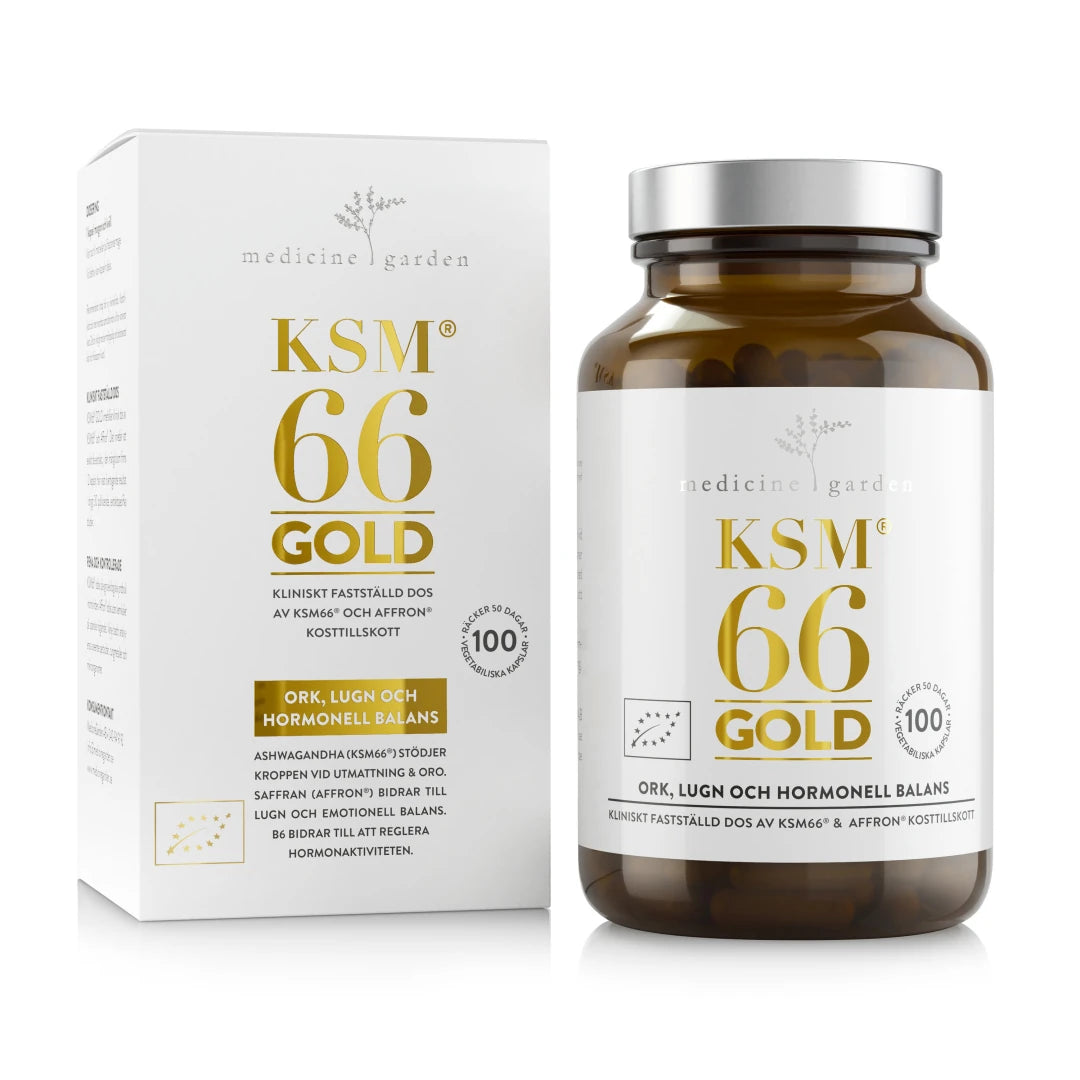 MedicineGarden KSM66 GOLD 100 caps i en vit ask och mörkbrun glasburk med guldfärgade detaljer, för ork, lugn och hormonell balans., bild 1 av 1