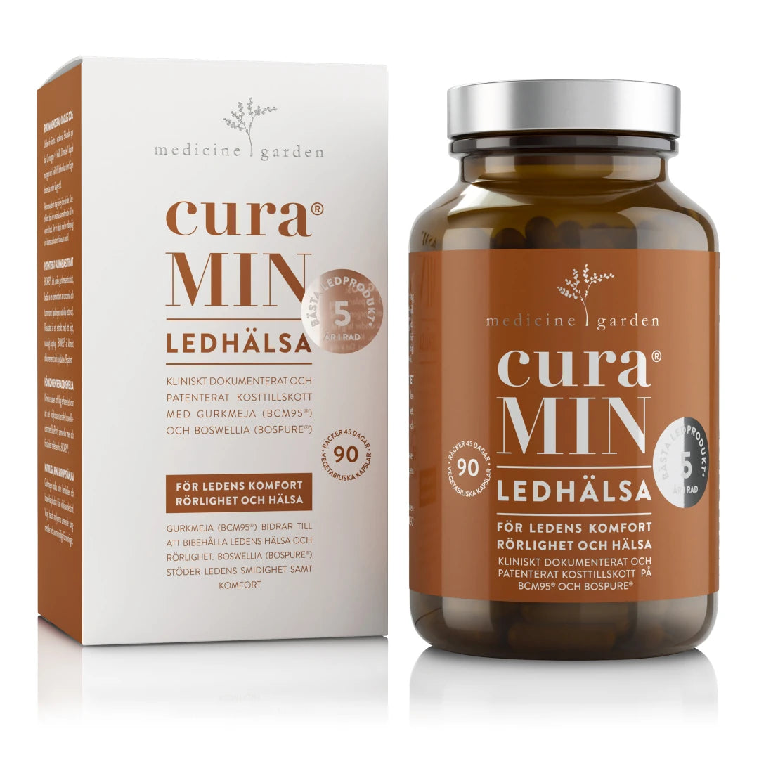 MedicineGarden curaMIN Ledhälsa 90 caps kosttillskott för ledhälsa, vit och orange förpackning bredvid en mörk burk med guldkork., bild 1 av 1