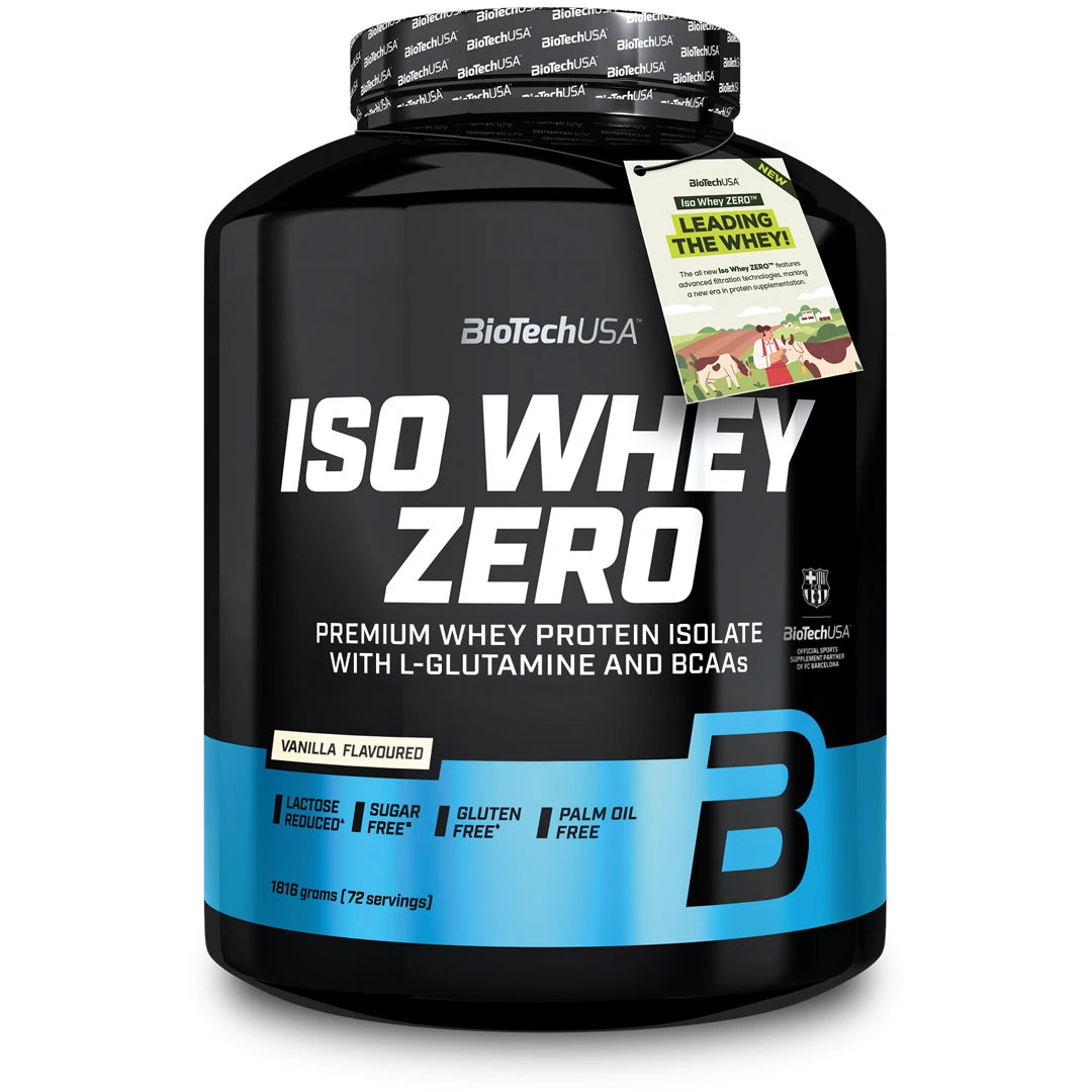 BioTechUSA Iso Whey Zero 1816 g proteinpulver i en svart burk med ljusblå detaljer för smaken Vanilla.