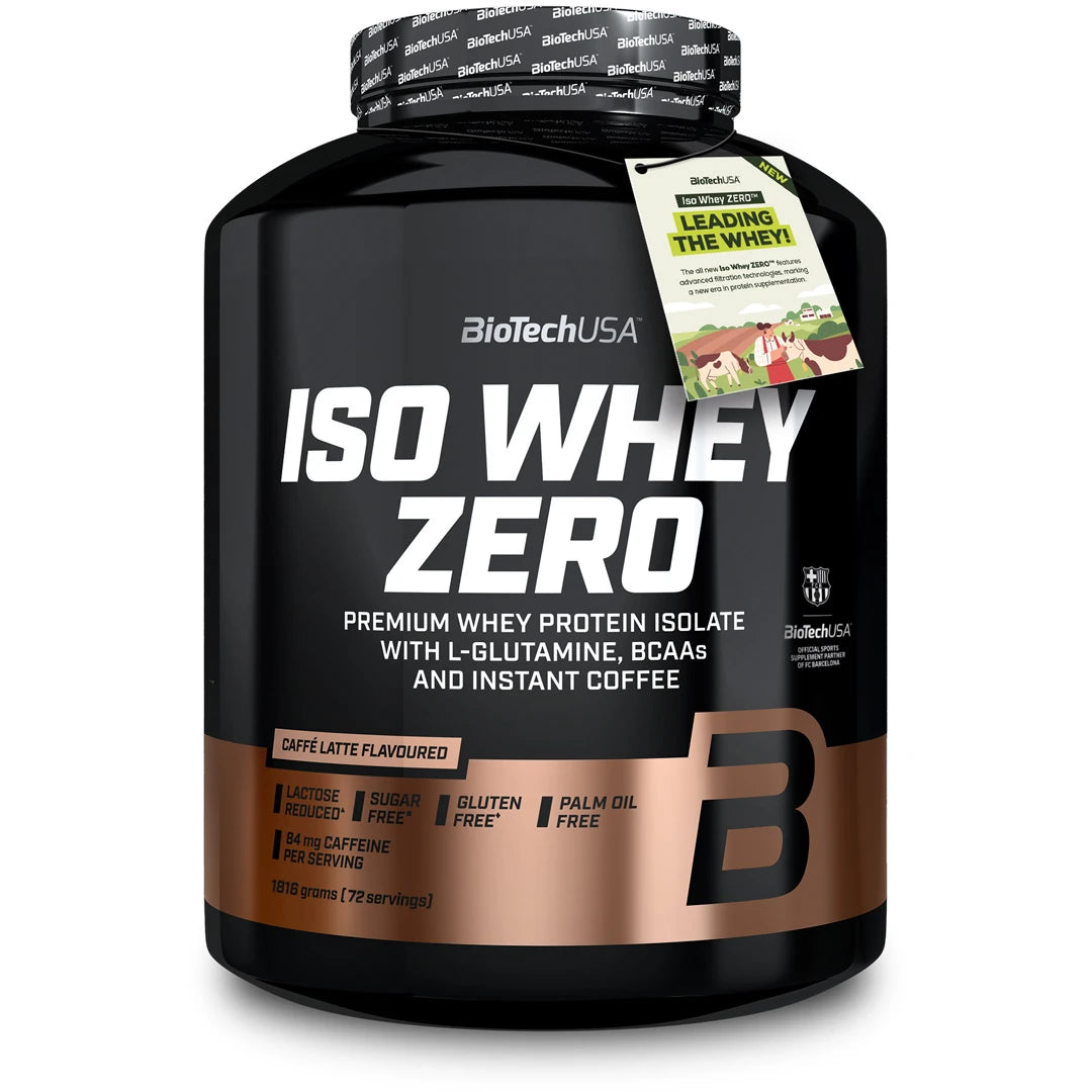 BioTechUSA Iso Whey Zero 1816 g proteinpulver i en svart burk med bronsfärgade detaljer för smaken Caffé Latte., bild 4 av 11