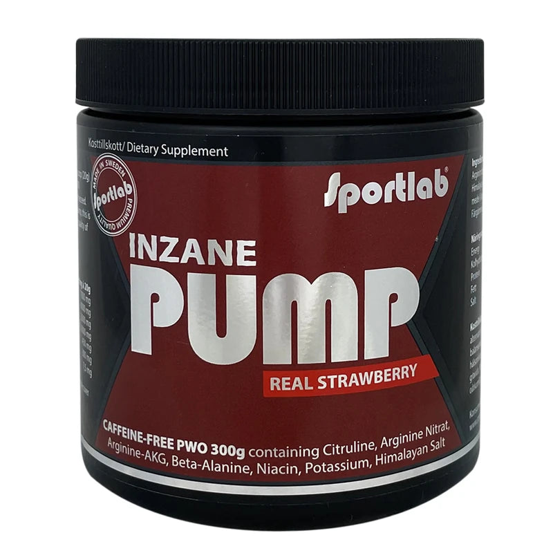 Sportlab Inzane PUMP 300 g koffeinfri PWO i pulverform, svart burk med mörkröd etikett och smak av Real Strawberry., bild 1 av 1